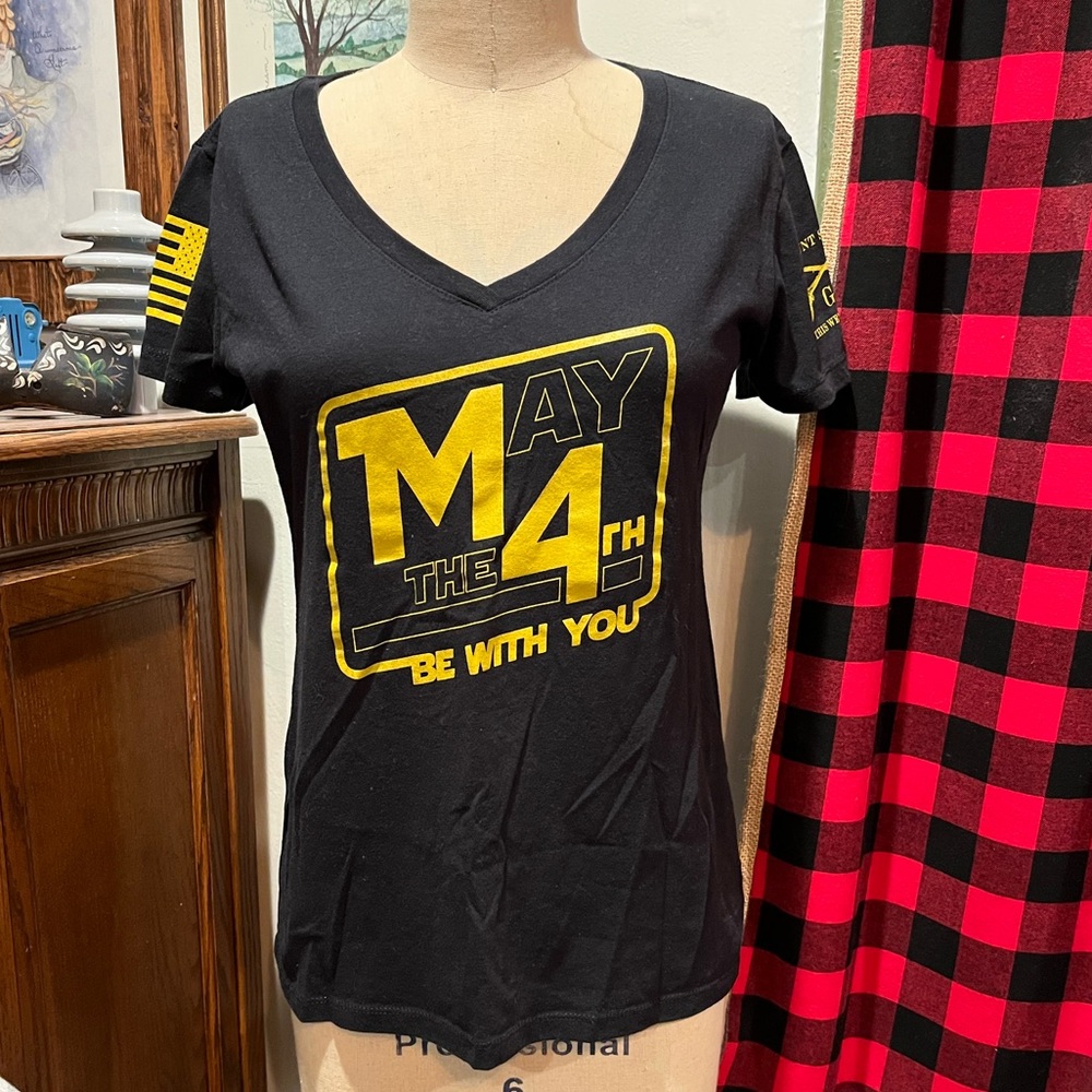 Grunt Style Large May The 4th Be With You Black and Gold Fitted Short Sleeve Tee